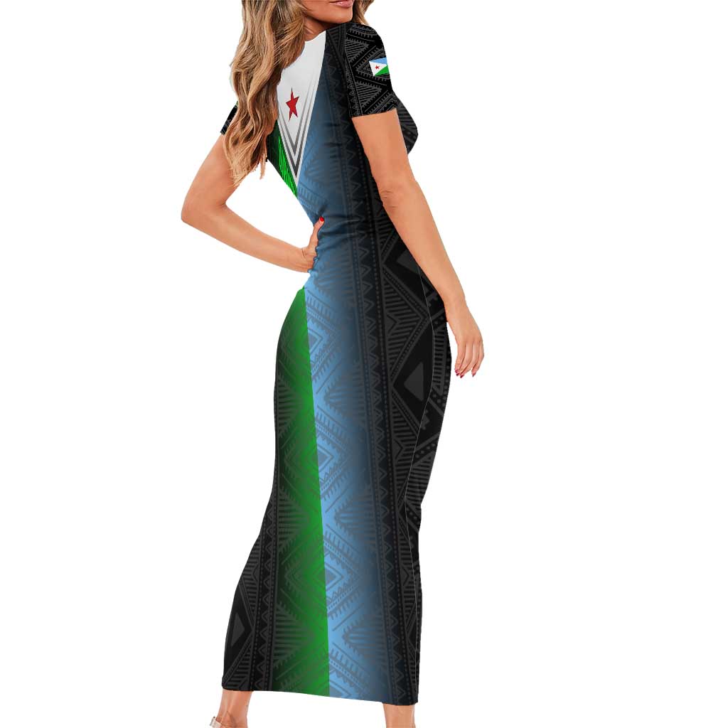 Djibouti Fusion Short Sleeve Bodycon Dress Tribal Geometry Meets National Colors and Red Star Boldness