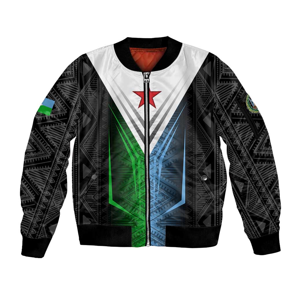 Djibouti Fusion Sleeve Zip Bomber Jacket Tribal Geometry Meets National Colors and Red Star Boldness