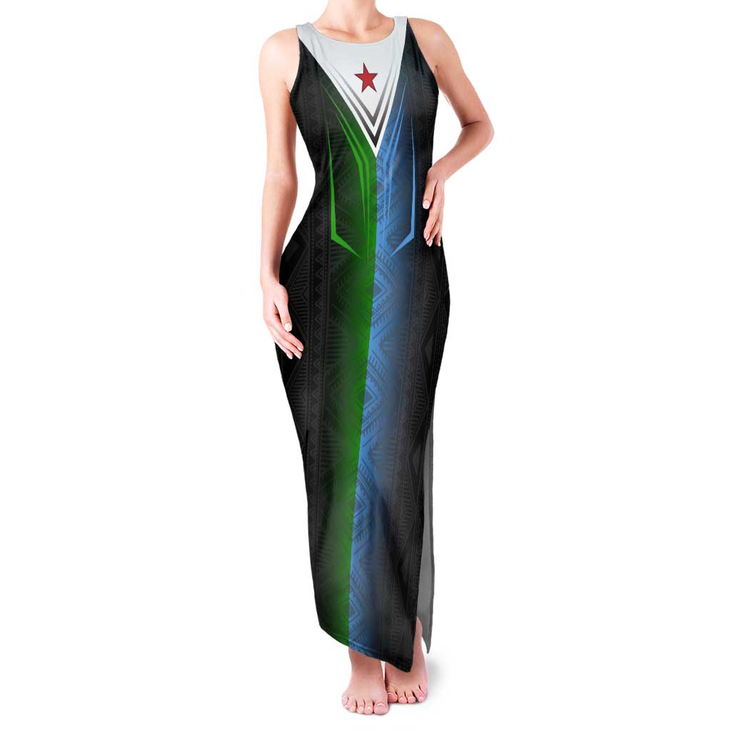 Djibouti Fusion Tank Maxi Dress Tribal Geometry Meets National Colors and Red Star Boldness