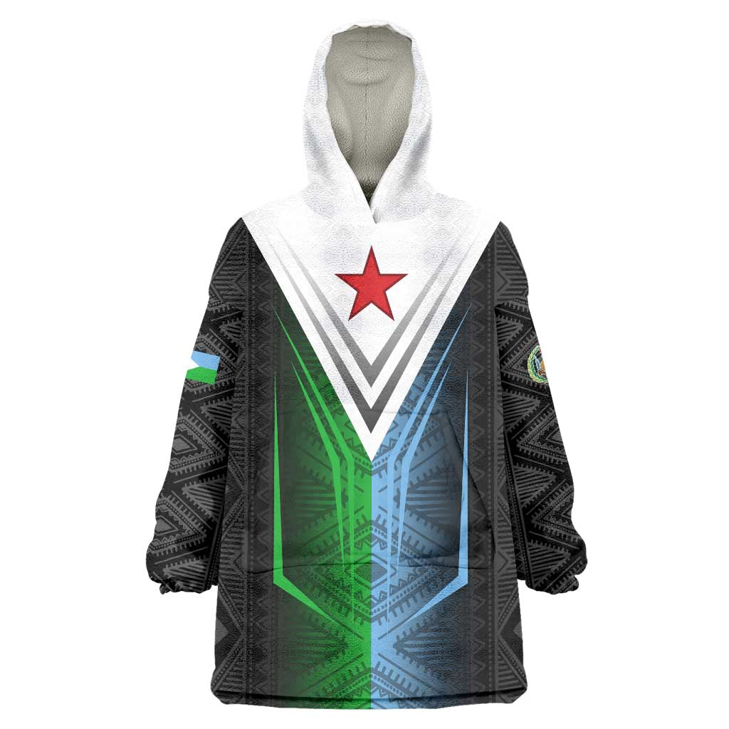 Djibouti Fusion Wearable Blanket Hoodie Tribal Geometry Meets National Colors and Red Star Boldness