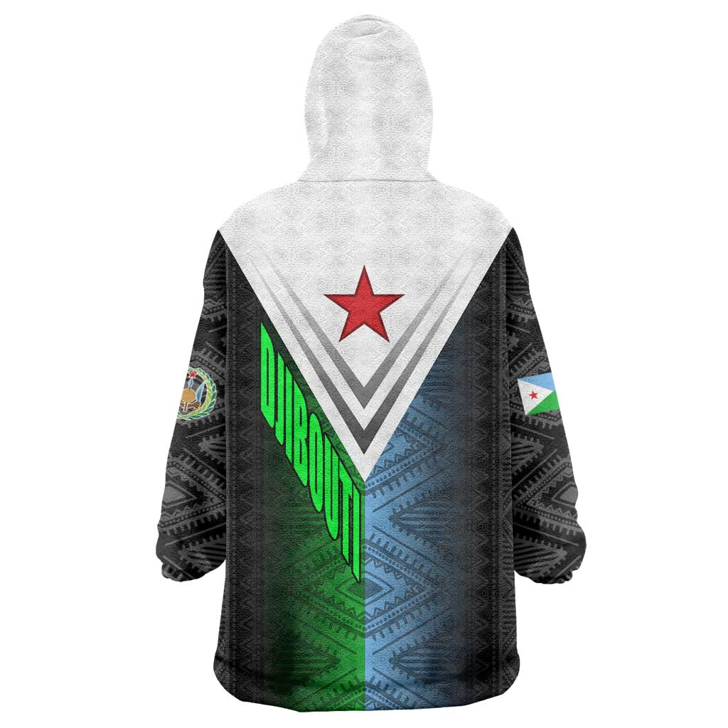 Djibouti Fusion Wearable Blanket Hoodie Tribal Geometry Meets National Colors and Red Star Boldness