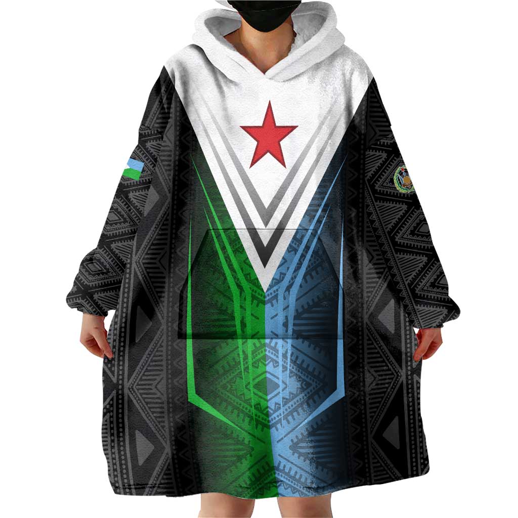 Djibouti Fusion Wearable Blanket Hoodie Tribal Geometry Meets National Colors and Red Star Boldness