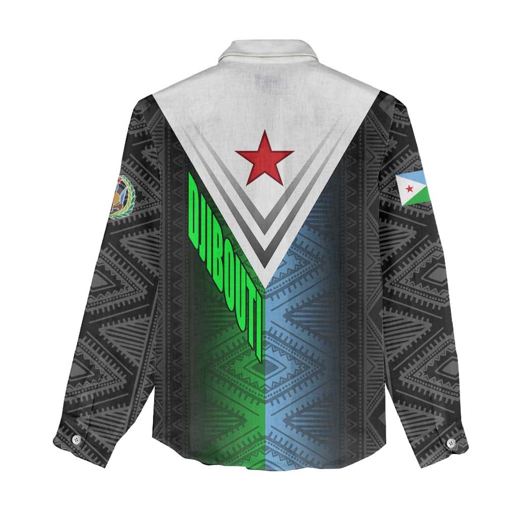 Djibouti Fusion Women Casual Shirt Tribal Geometry Meets National Colors and Red Star Boldness
