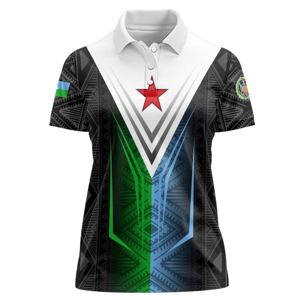 Djibouti Fusion Women Polo Shirt Tribal Geometry Meets National Colors and Red Star Boldness