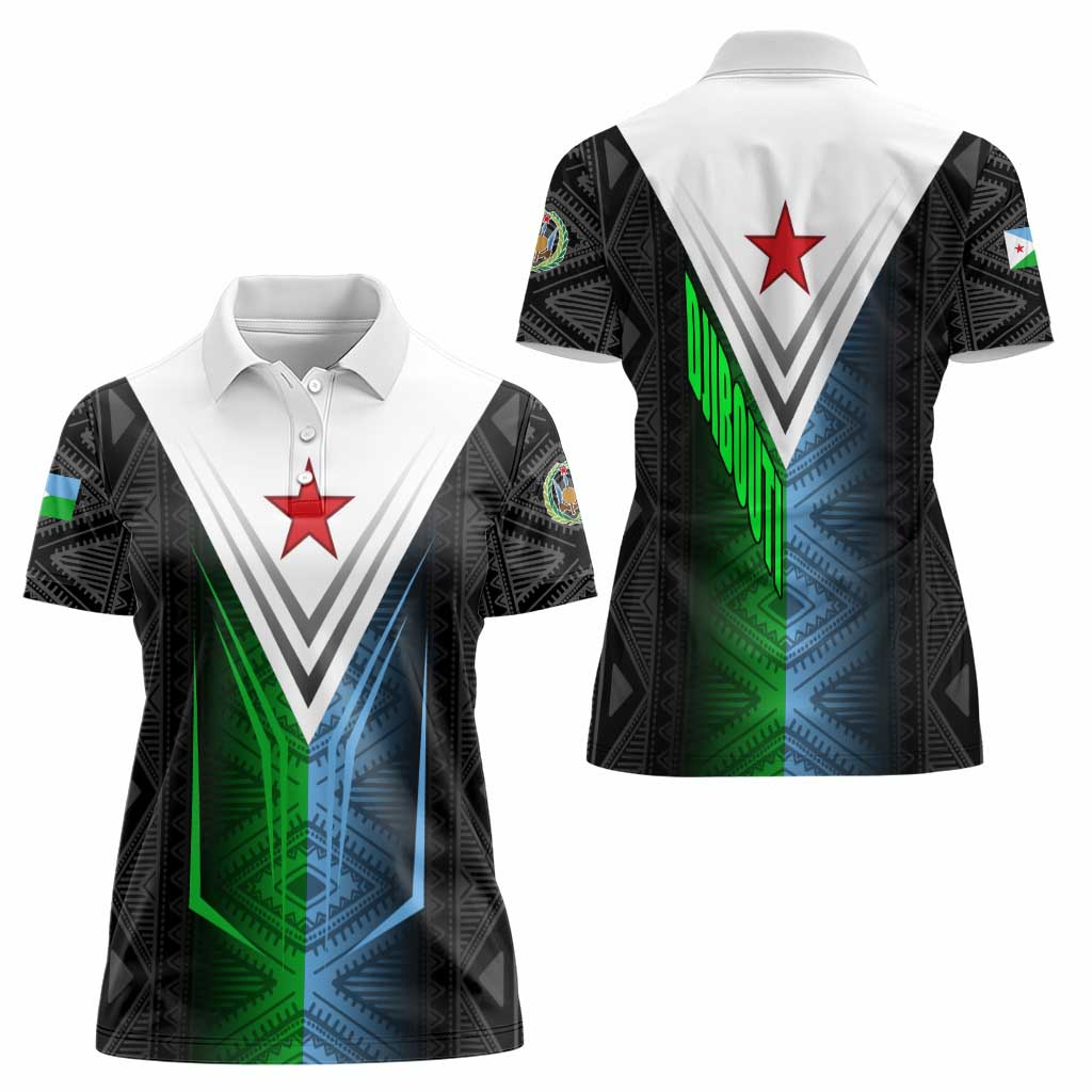 Djibouti Fusion Women Polo Shirt Tribal Geometry Meets National Colors and Red Star Boldness