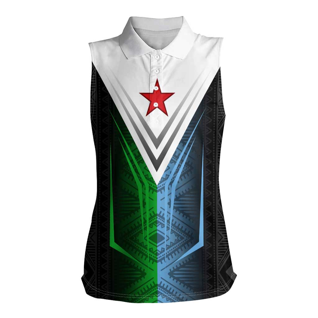 Djibouti Fusion Women Sleeveless Polo Shirt Tribal Geometry Meets National Colors and Red Star Boldness