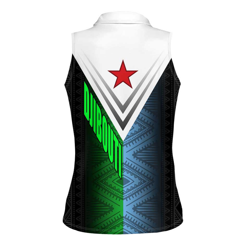 Djibouti Fusion Women Sleeveless Polo Shirt Tribal Geometry Meets National Colors and Red Star Boldness