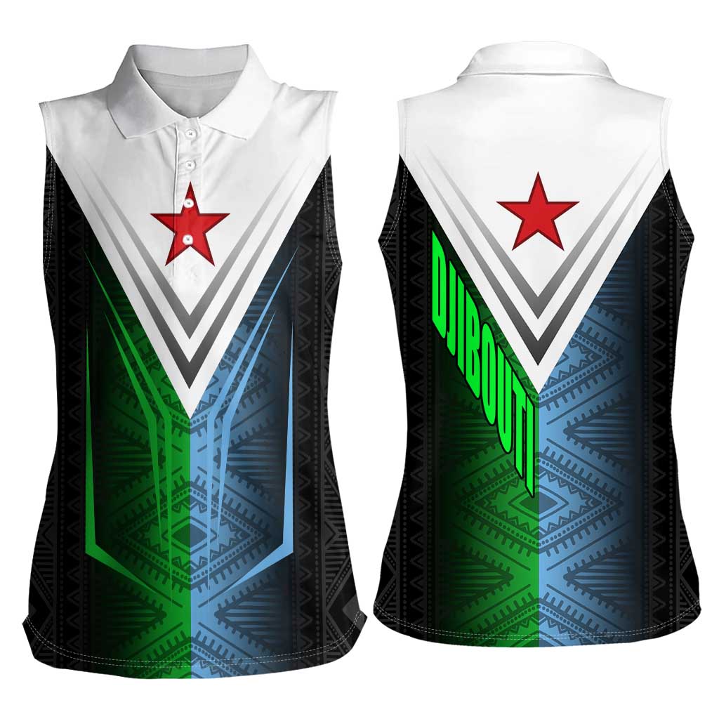 Djibouti Fusion Women Sleeveless Polo Shirt Tribal Geometry Meets National Colors and Red Star Boldness