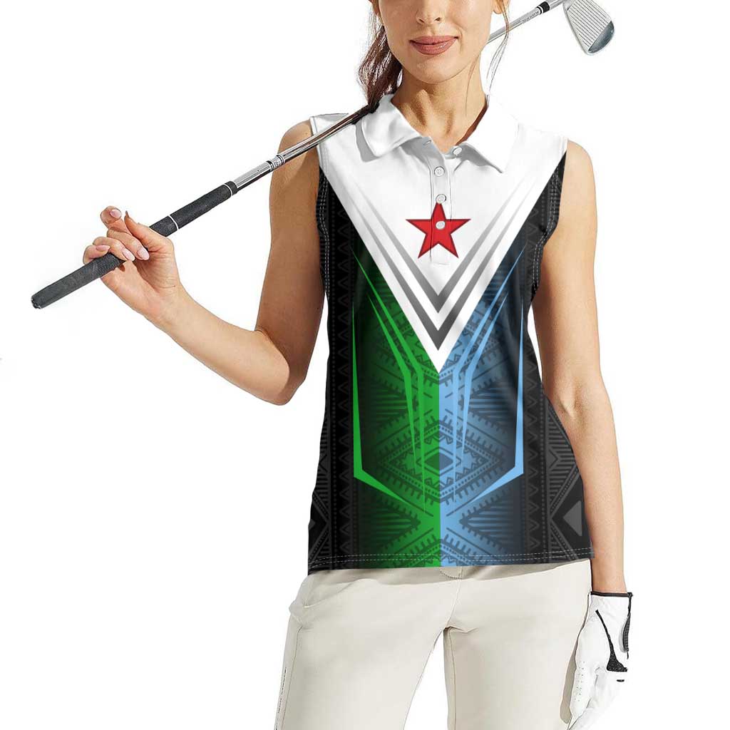 Djibouti Fusion Women Sleeveless Polo Shirt Tribal Geometry Meets National Colors and Red Star Boldness