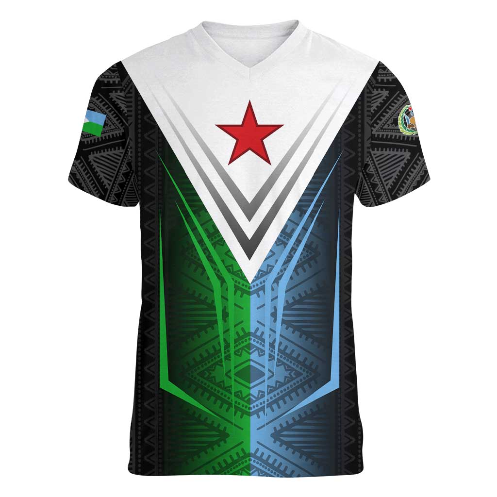 Djibouti Fusion Women V-Neck T-Shirt Tribal Geometry Meets National Colors and Red Star Boldness