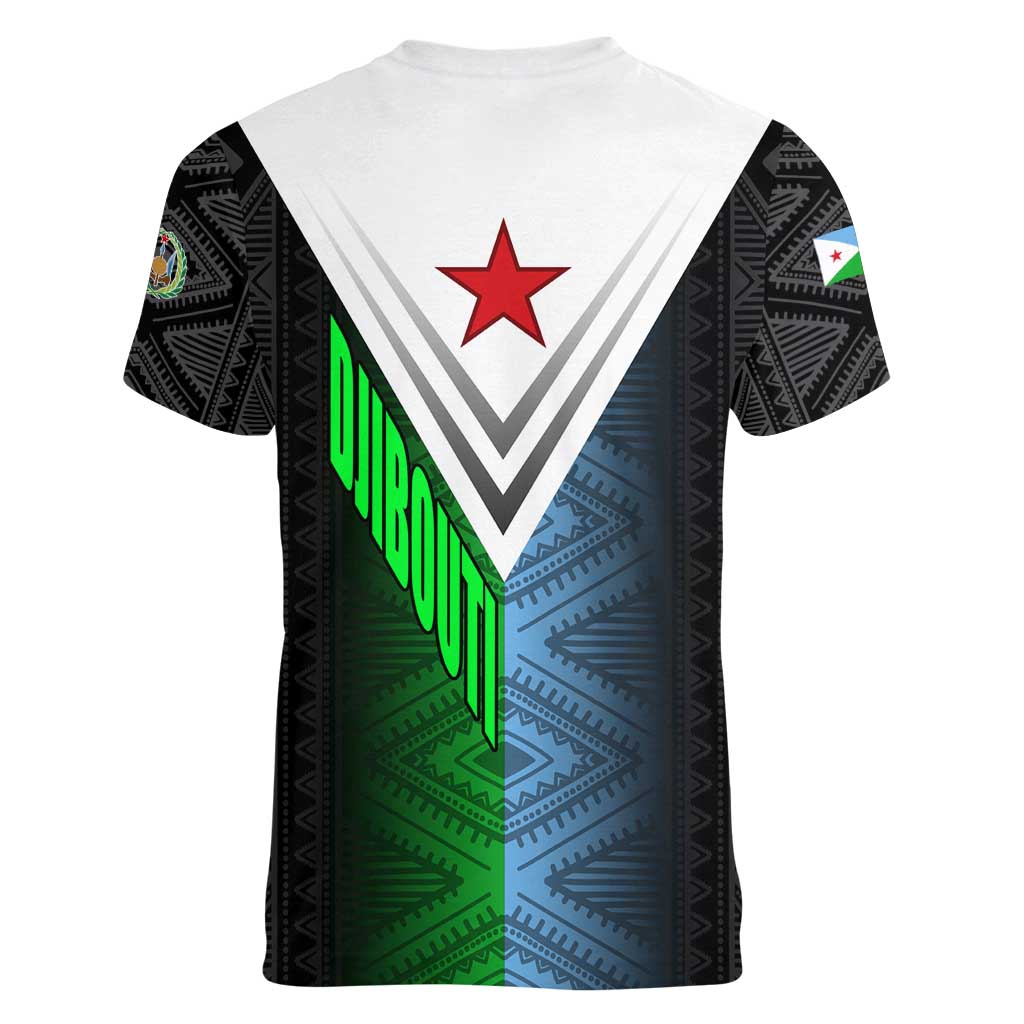Djibouti Fusion Women V-Neck T-Shirt Tribal Geometry Meets National Colors and Red Star Boldness