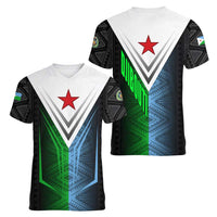 Djibouti Fusion Women V-Neck T-Shirt Tribal Geometry Meets National Colors and Red Star Boldness