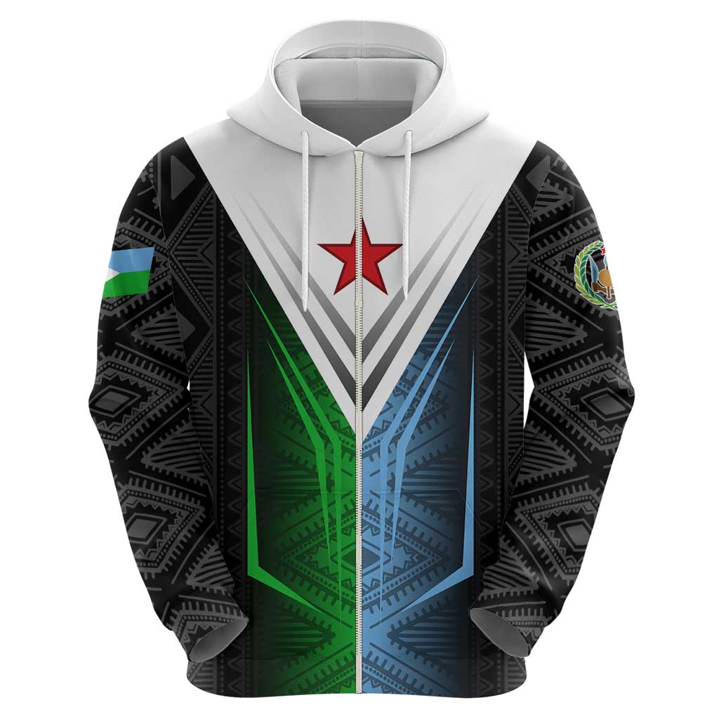 Djibouti Fusion Zip Hoodie Tribal Geometry Meets National Colors and Red Star Boldness