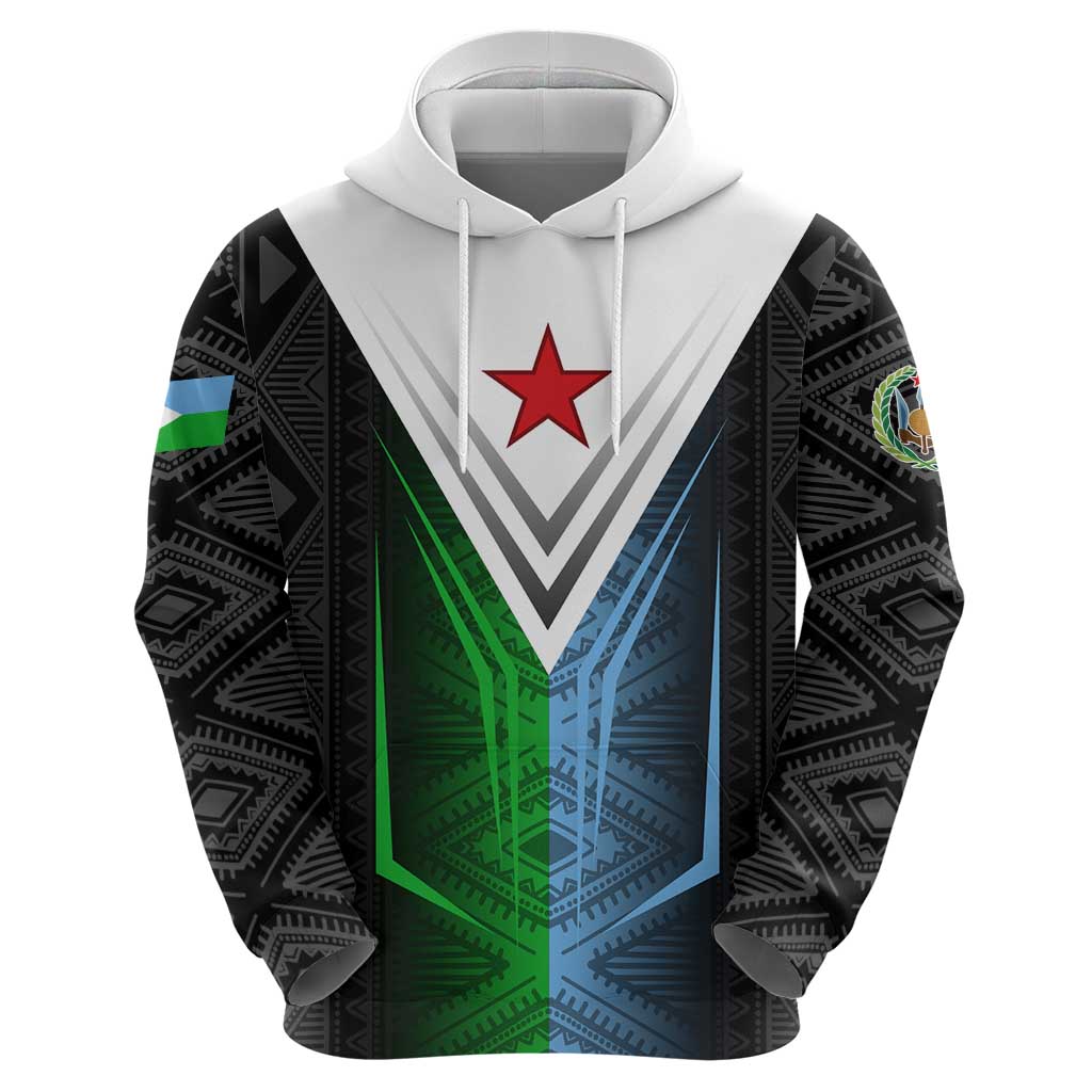 Djibouti Fusion Zip Hoodie Tribal Geometry Meets National Colors and Red Star Boldness