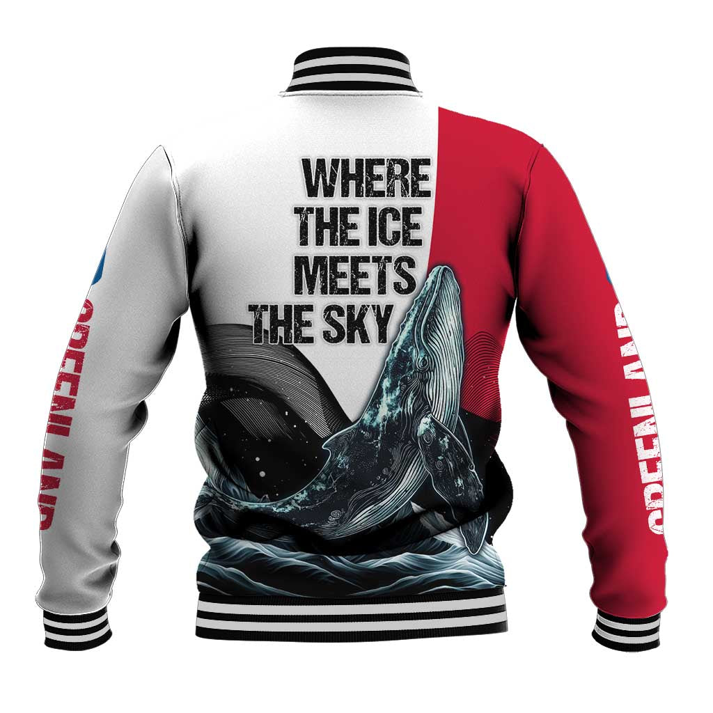 Greenland Whale Baseball Jacket with Arctic Waves and Where the Ice Meets the Sky Text Design