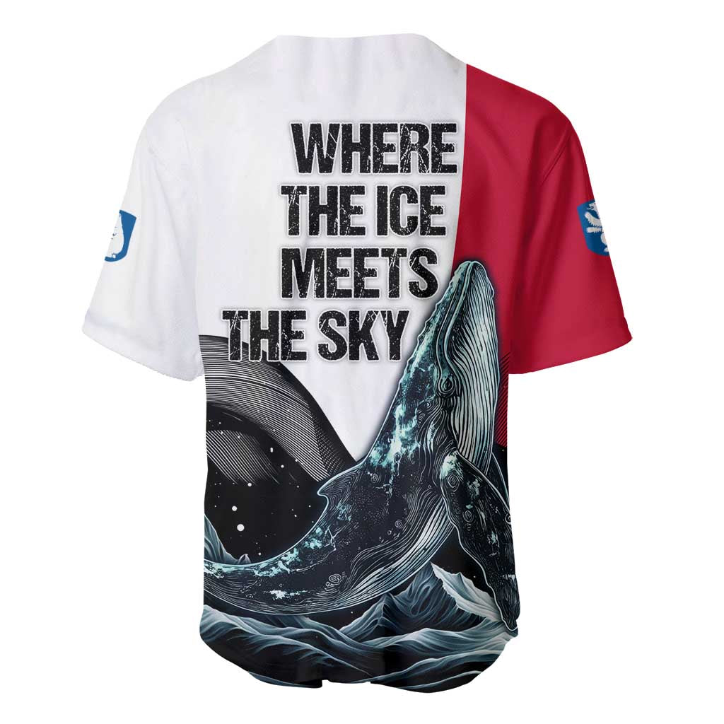Greenland Whale Baseball Jersey with Arctic Waves and Where the Ice Meets the Sky Text Design