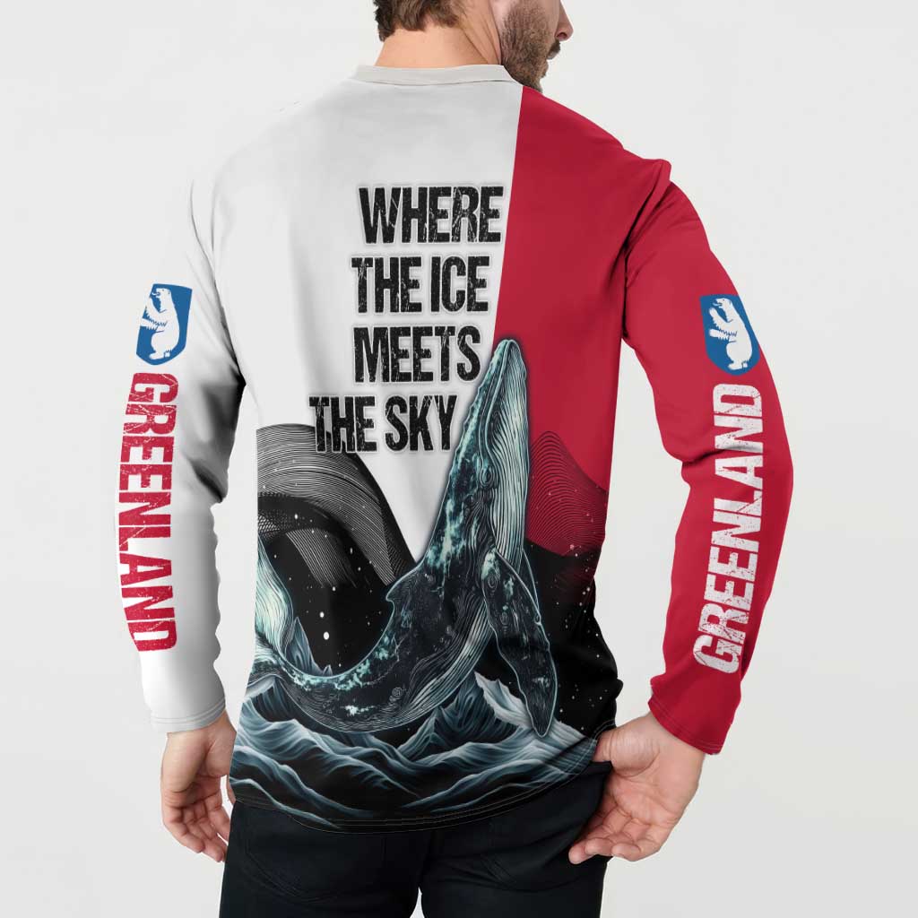 Greenland Whale Button Sweatshirt with Arctic Waves and Where the Ice Meets the Sky Text Design