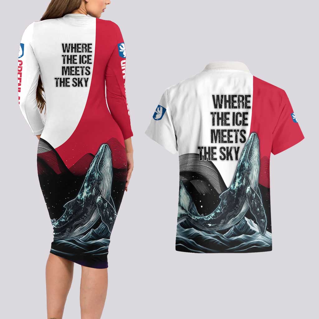Greenland Whale Couples Matching Long Sleeve Bodycon Dress and Hawaiian Shirt with Arctic Waves and Where the Ice Meets the Sky Text Design
