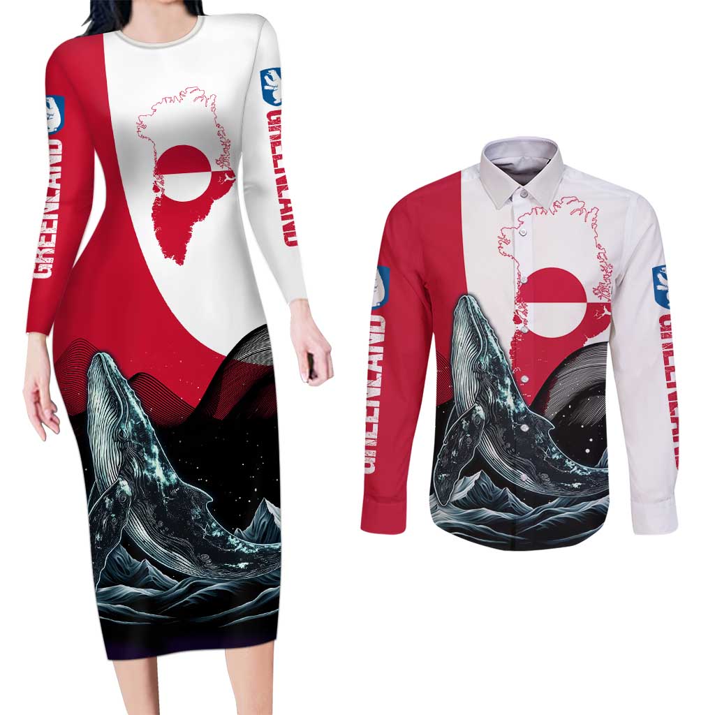Greenland Whale Couples Matching Long Sleeve Bodycon Dress and Long Sleeve Button Shirt with Arctic Waves and Where the Ice Meets the Sky Text Design