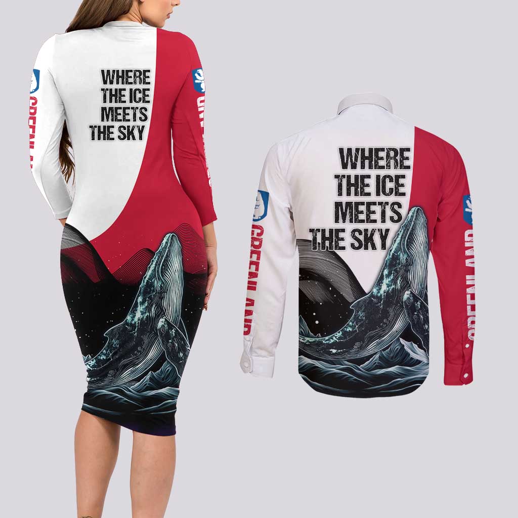 Greenland Whale Couples Matching Long Sleeve Bodycon Dress and Long Sleeve Button Shirt with Arctic Waves and Where the Ice Meets the Sky Text Design