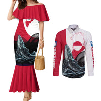 Greenland Whale Couples Matching Mermaid Dress and Long Sleeve Button Shirt with Arctic Waves and Where the Ice Meets the Sky Text Design