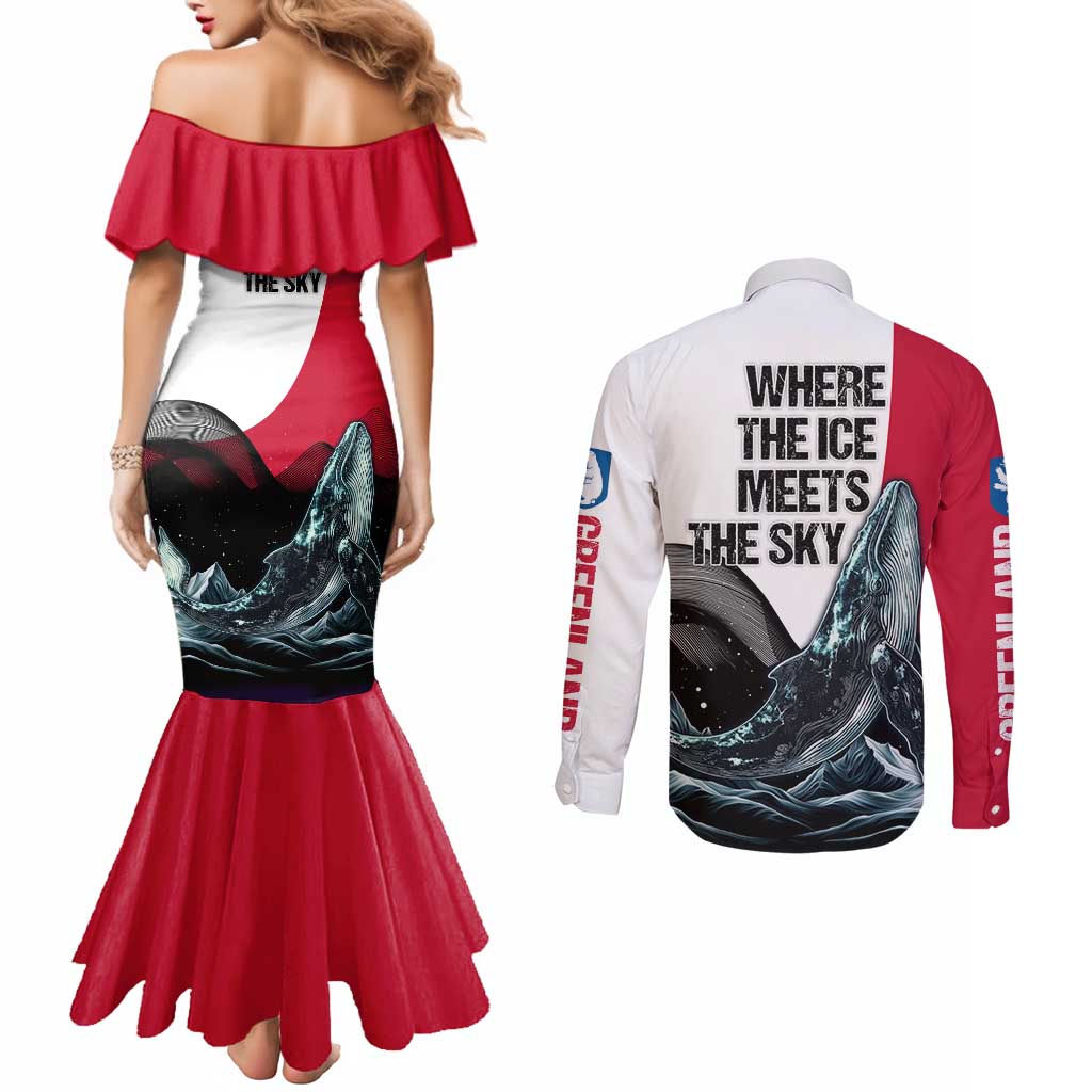 Greenland Whale Couples Matching Mermaid Dress and Long Sleeve Button Shirt with Arctic Waves and Where the Ice Meets the Sky Text Design