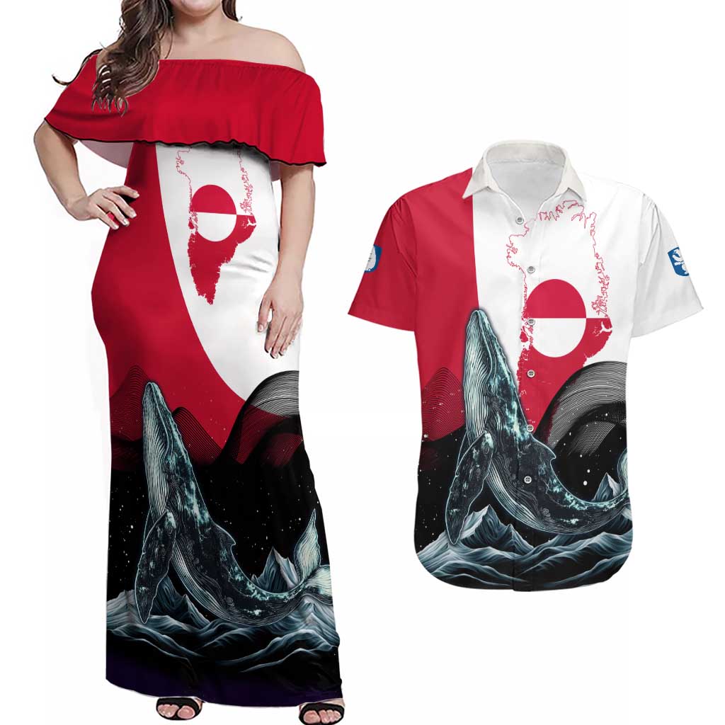 Greenland Whale Couples Matching Off Shoulder Maxi Dress and Hawaiian Shirt with Arctic Waves and Where the Ice Meets the Sky Text Design