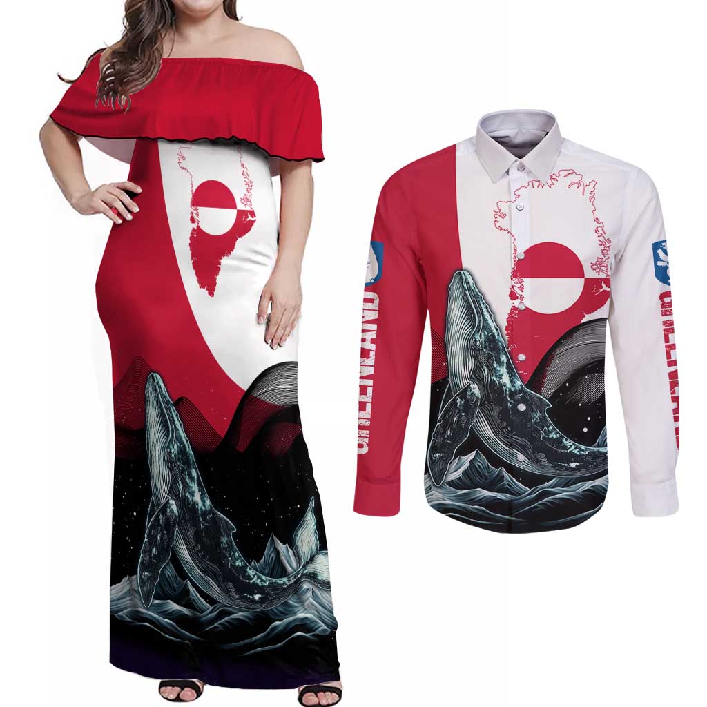 Greenland Whale Couples Matching Off Shoulder Maxi Dress and Long Sleeve Button Shirt with Arctic Waves and Where the Ice Meets the Sky Text Design