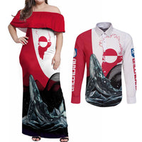 Greenland Whale Couples Matching Off Shoulder Maxi Dress and Long Sleeve Button Shirt with Arctic Waves and Where the Ice Meets the Sky Text Design