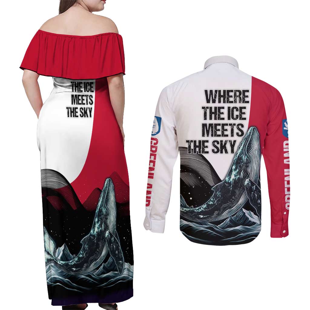 Greenland Whale Couples Matching Off Shoulder Maxi Dress and Long Sleeve Button Shirt with Arctic Waves and Where the Ice Meets the Sky Text Design