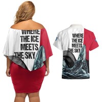 Greenland Whale Couples Matching Off Shoulder Short Dress and Hawaiian Shirt with Arctic Waves and Where the Ice Meets the Sky Text Design