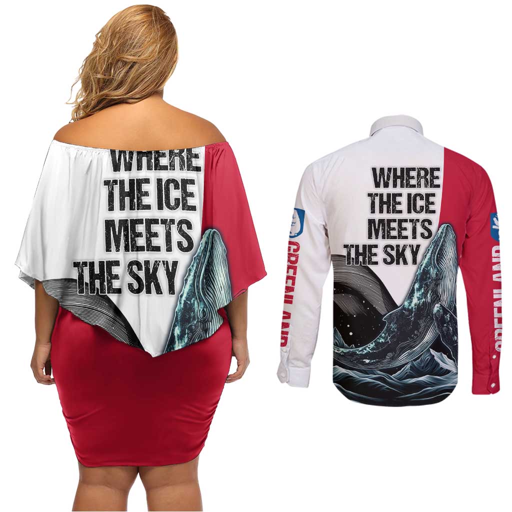 Greenland Whale Couples Matching Off Shoulder Short Dress and Long Sleeve Button Shirt with Arctic Waves and Where the Ice Meets the Sky Text Design