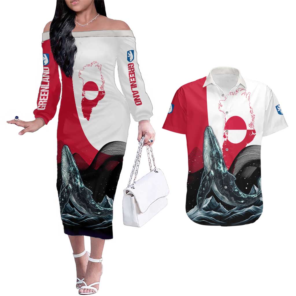 Greenland Whale Couples Matching Off The Shoulder Long Sleeve Dress and Hawaiian Shirt with Arctic Waves and Where the Ice Meets the Sky Text Design