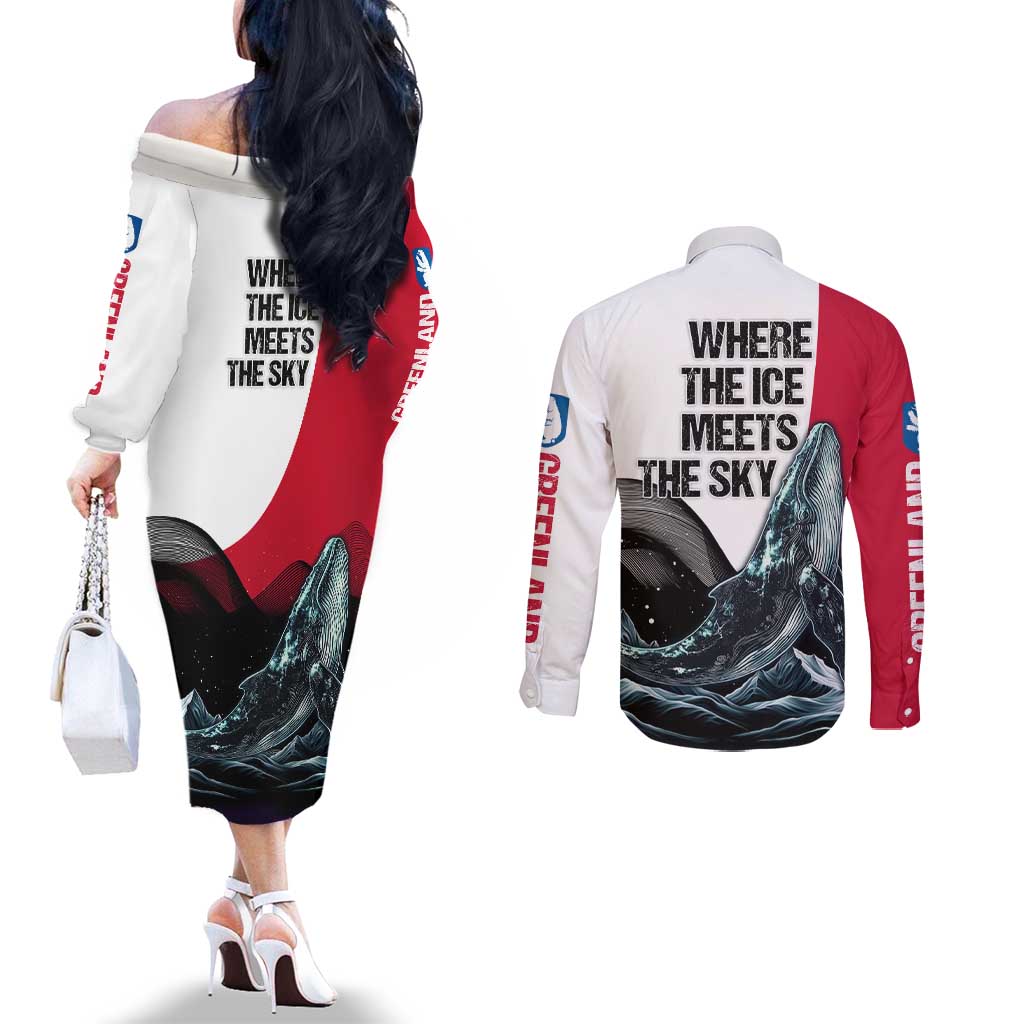 Greenland Whale Couples Matching Off The Shoulder Long Sleeve Dress and Long Sleeve Button Shirt with Arctic Waves and Where the Ice Meets the Sky Text Design