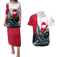Greenland Whale Couples Matching Puletasi and Hawaiian Shirt with Arctic Waves and Where the Ice Meets the Sky Text Design