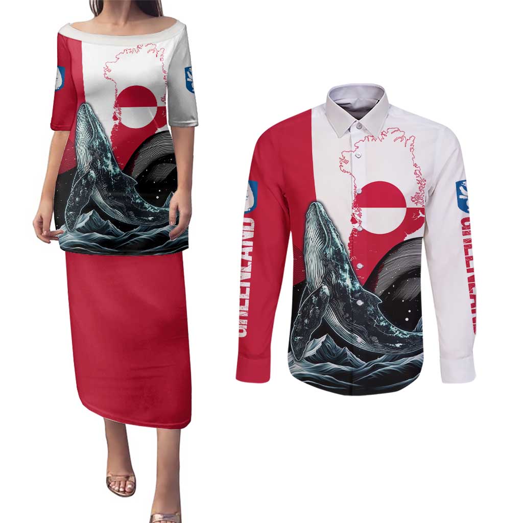 Greenland Whale Couples Matching Puletasi and Long Sleeve Button Shirt with Arctic Waves and Where the Ice Meets the Sky Text Design