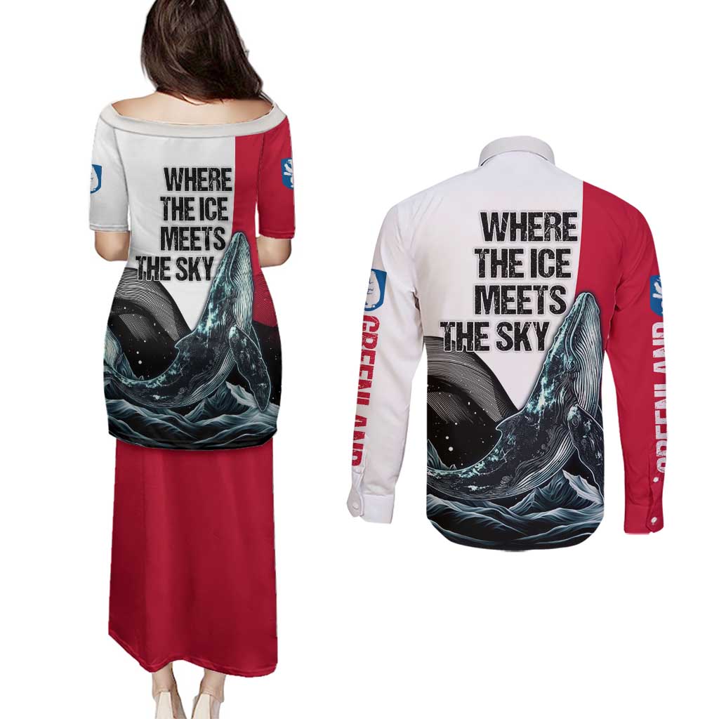 Greenland Whale Couples Matching Puletasi and Long Sleeve Button Shirt with Arctic Waves and Where the Ice Meets the Sky Text Design