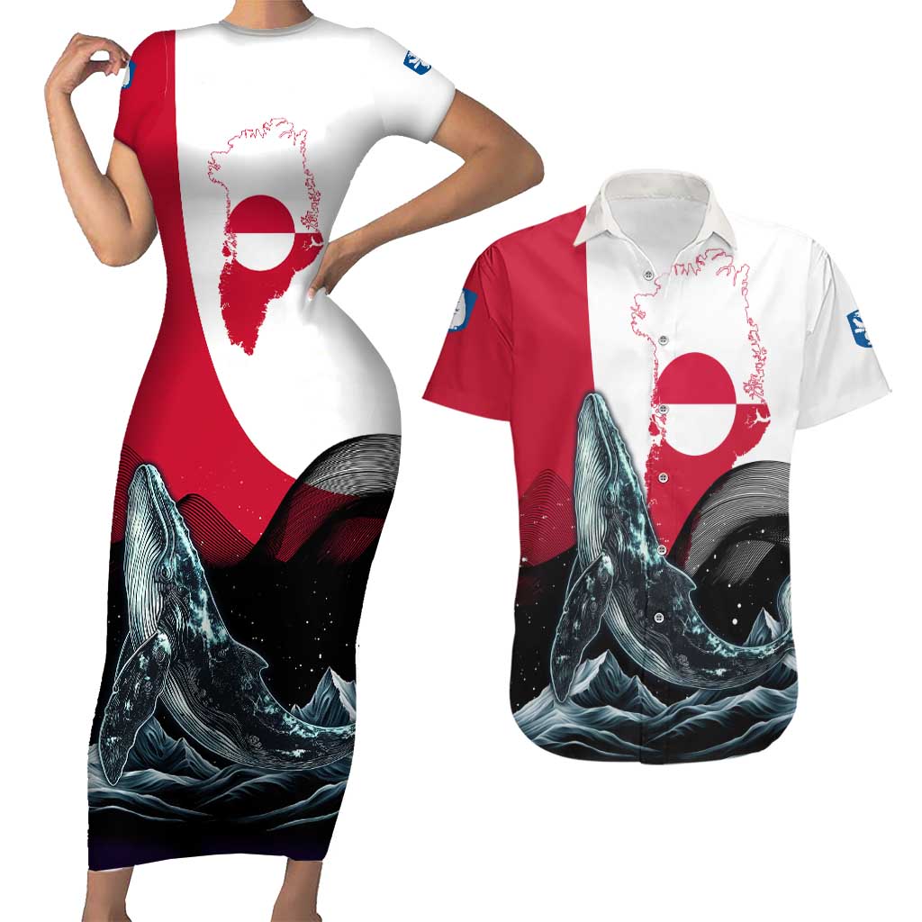 Greenland Whale Couples Matching Short Sleeve Bodycon Dress and Hawaiian Shirt with Arctic Waves and Where the Ice Meets the Sky Text Design