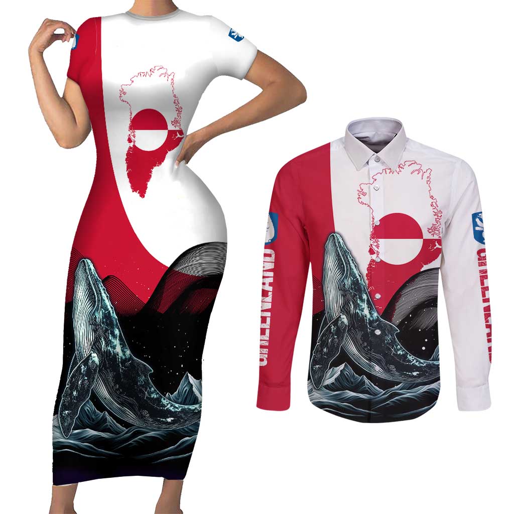 Greenland Whale Couples Matching Short Sleeve Bodycon Dress and Long Sleeve Button Shirt with Arctic Waves and Where the Ice Meets the Sky Text Design
