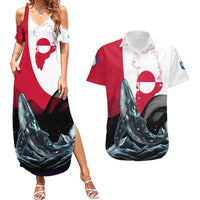 Greenland Whale Couples Matching Summer Maxi Dress and Hawaiian Shirt with Arctic Waves and Where the Ice Meets the Sky Text Design
