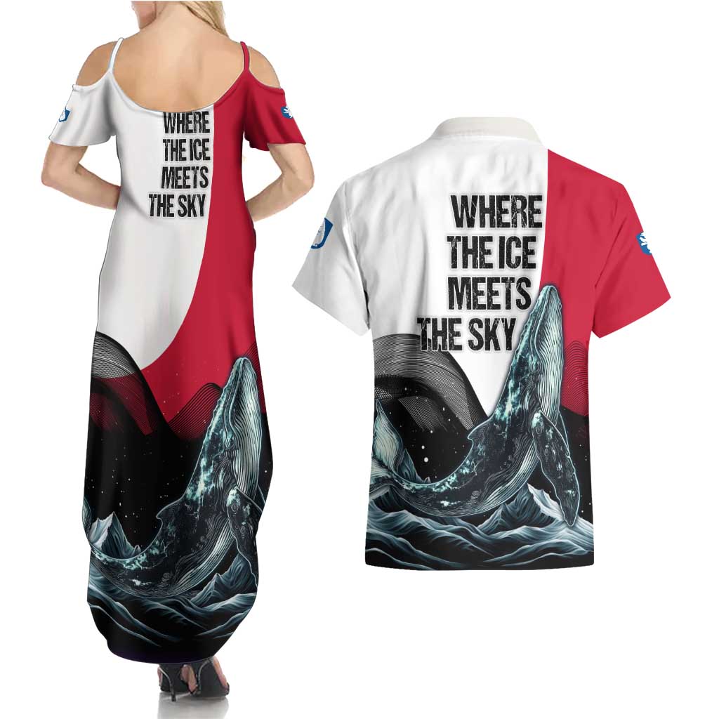 Greenland Whale Couples Matching Summer Maxi Dress and Hawaiian Shirt with Arctic Waves and Where the Ice Meets the Sky Text Design