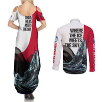 Greenland Whale Couples Matching Summer Maxi Dress and Long Sleeve Button Shirt with Arctic Waves and Where the Ice Meets the Sky Text Design