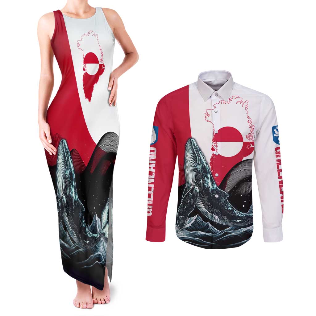 Greenland Whale Couples Matching Tank Maxi Dress and Long Sleeve Button Shirt with Arctic Waves and Where the Ice Meets the Sky Text Design
