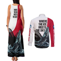 Greenland Whale Couples Matching Tank Maxi Dress and Long Sleeve Button Shirt with Arctic Waves and Where the Ice Meets the Sky Text Design