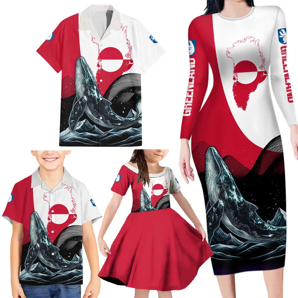Greenland Whale Family Matching Long Sleeve Bodycon Dress and Hawaiian Shirt with Arctic Waves and Where the Ice Meets the Sky Text Design