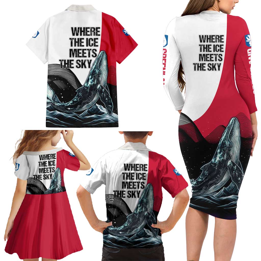 Greenland Whale Family Matching Long Sleeve Bodycon Dress and Hawaiian Shirt with Arctic Waves and Where the Ice Meets the Sky Text Design