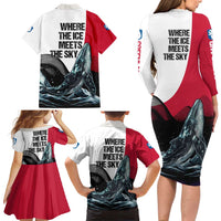 Greenland Whale Family Matching Long Sleeve Bodycon Dress and Hawaiian Shirt with Arctic Waves and Where the Ice Meets the Sky Text Design