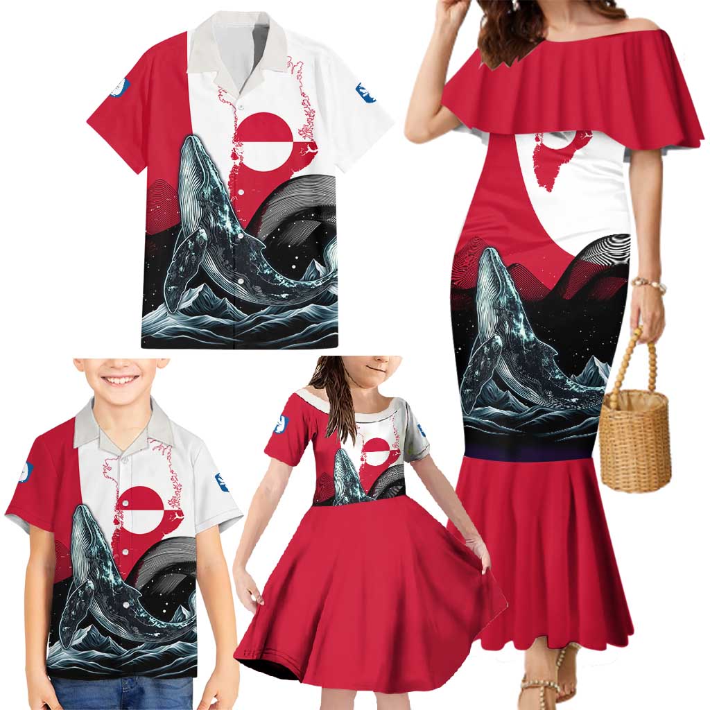 Greenland Whale Family Matching Mermaid Dress and Hawaiian Shirt with Arctic Waves and Where the Ice Meets the Sky Text Design