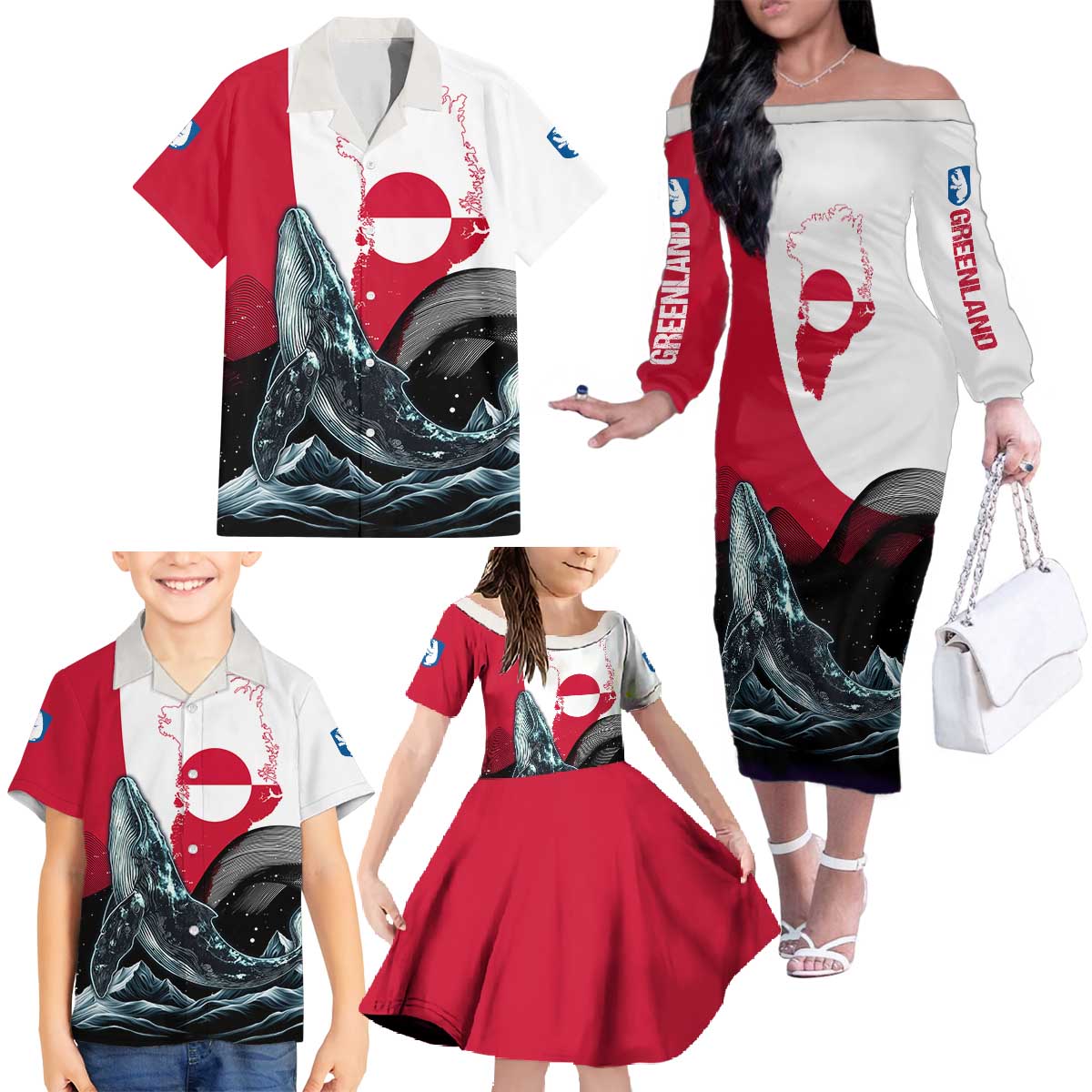 Greenland Whale Family Matching Off The Shoulder Long Sleeve Dress and Hawaiian Shirt with Arctic Waves and Where the Ice Meets the Sky Text Design
