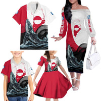 Greenland Whale Family Matching Off The Shoulder Long Sleeve Dress and Hawaiian Shirt with Arctic Waves and Where the Ice Meets the Sky Text Design